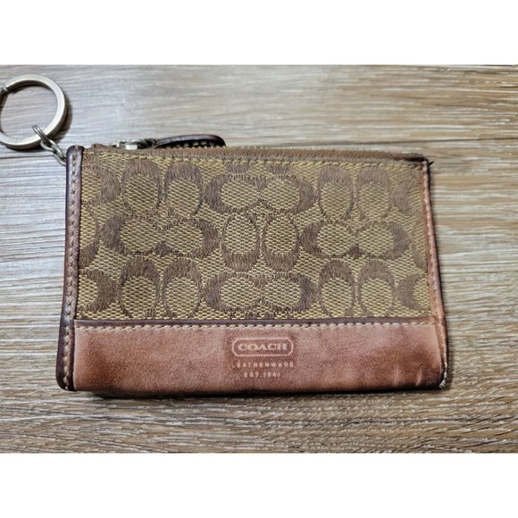 Coach Brown Signature Canvas Leather Trim Women Card Holder Wallet Keyring Zip - Picture 3 of 9